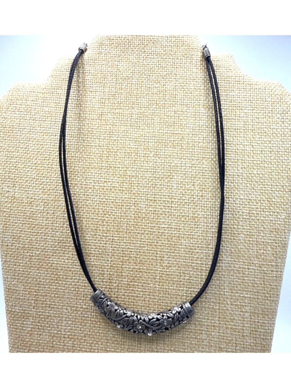 Lia Sophia Floral Pendant Necklace With Black Cord & Silver-Tone Details Adjusta